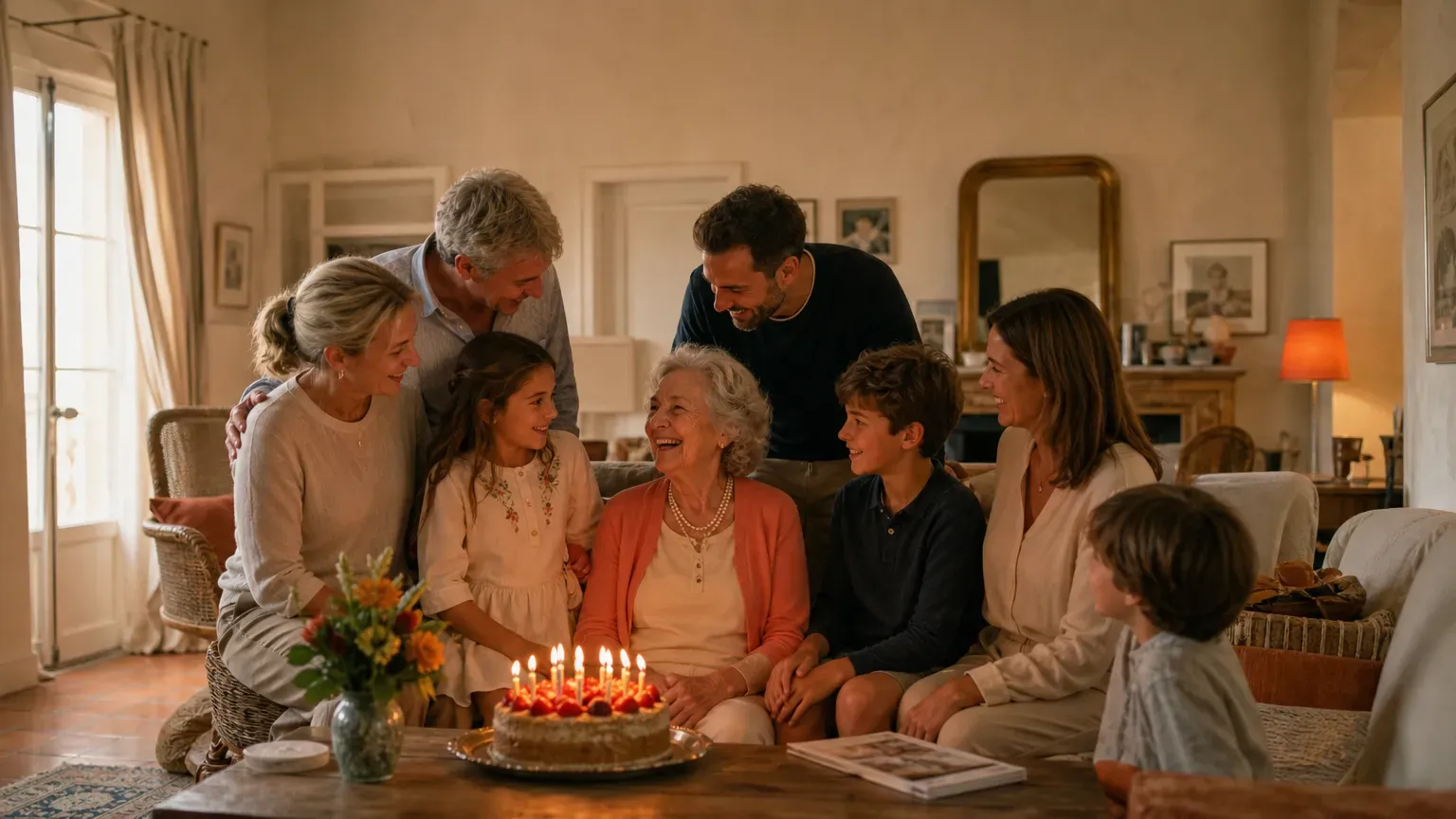 Trois générations réunies autour d'une grand-mère et de son gâteau d'anniversaire de 80 ans