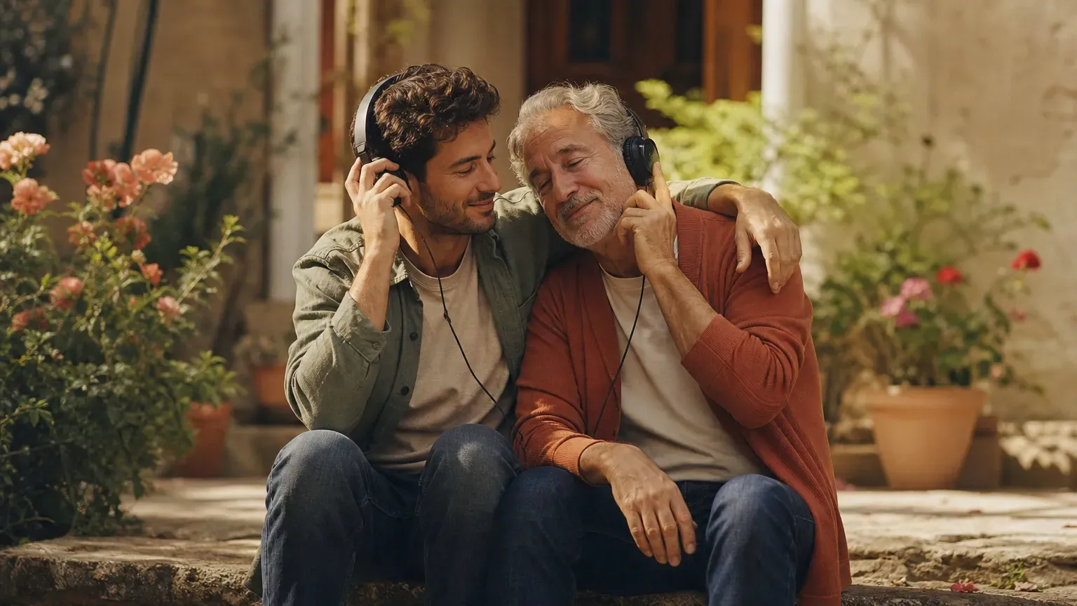 Un fils adulte et son père écoutent de la musique ensemble dans le jardin