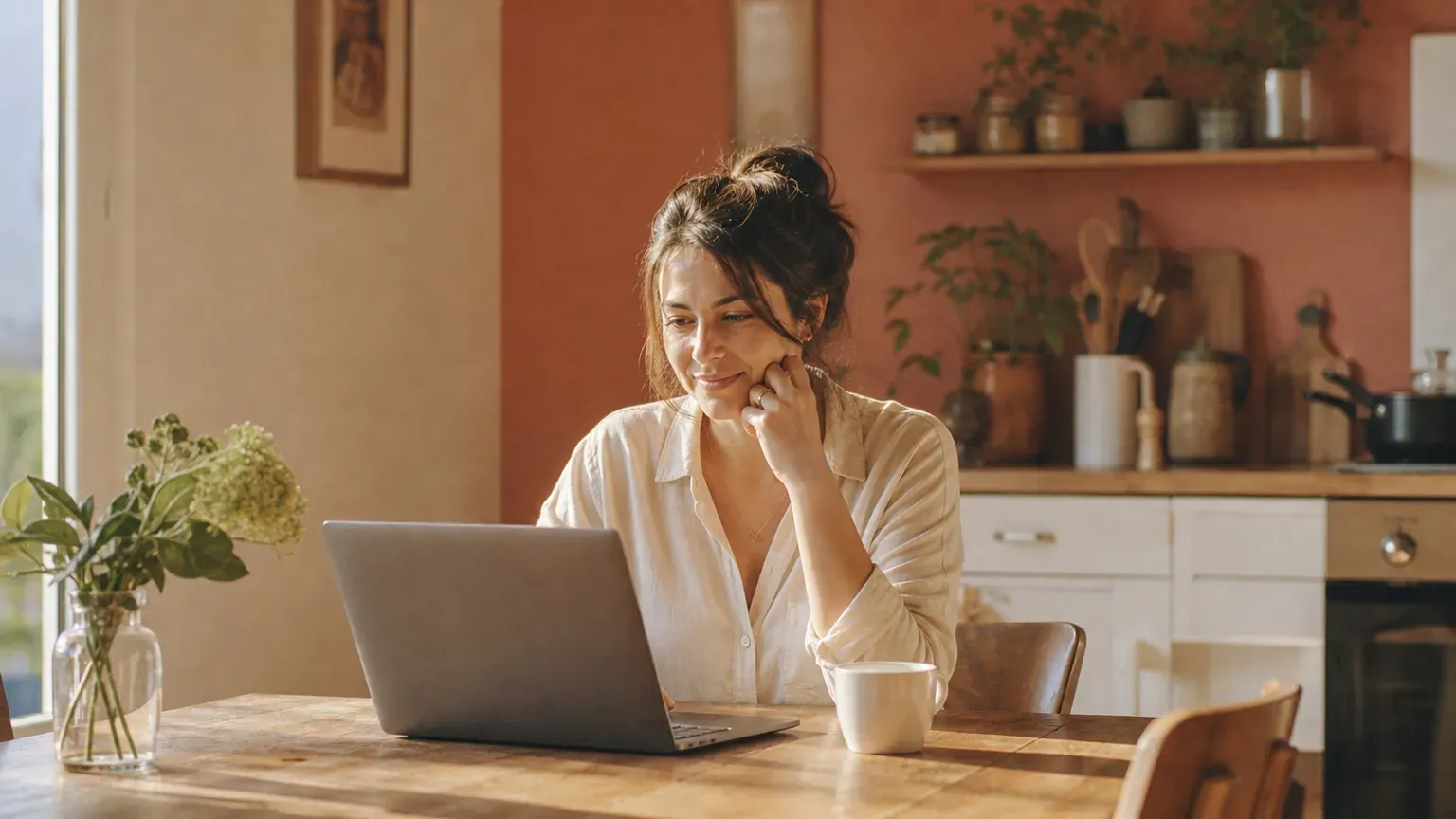 Une personne compare des sites de chanson personnalisée sur son ordinateur portable, à la table de la cuisine