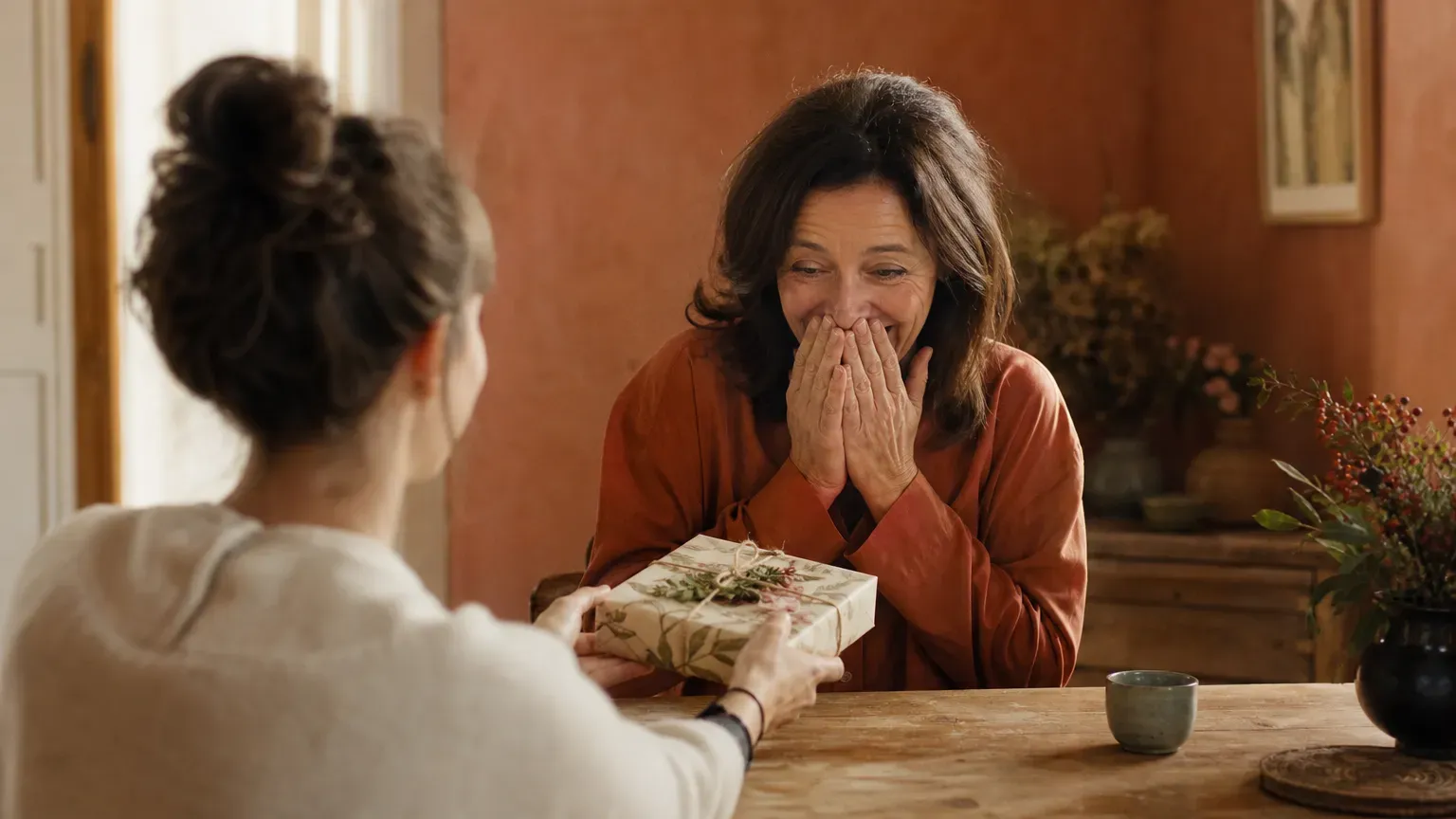 Des mains tendent un petit cadeau emballé au-dessus d'une table, l'émotion se lit sur le visage en face