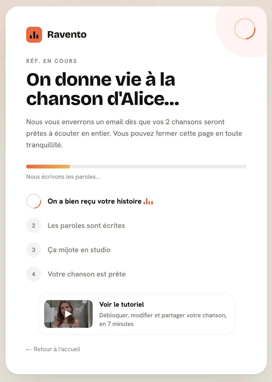 Page d'attente pendant la création : une barre de progression et les quatre étapes, de la réception de l'histoire à la chanson prête