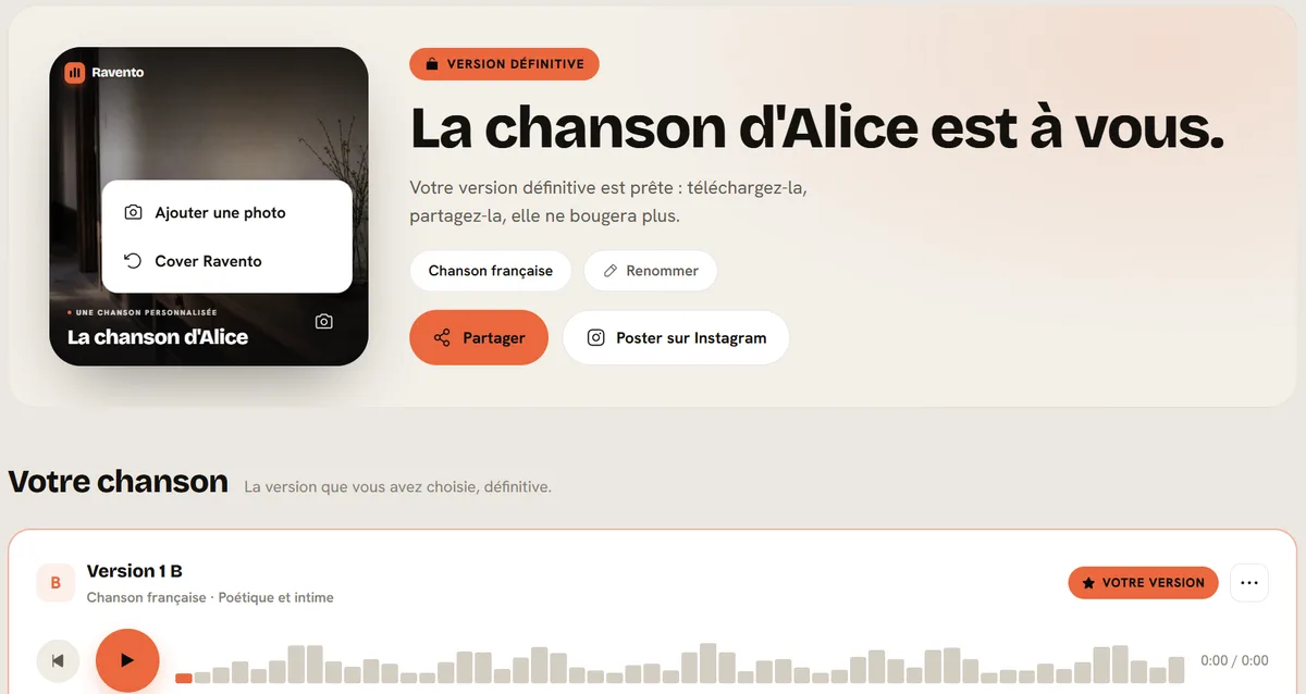 La chanson en version définitive : ajouter une photo de pochette, partager le lien ou publier sur Instagram