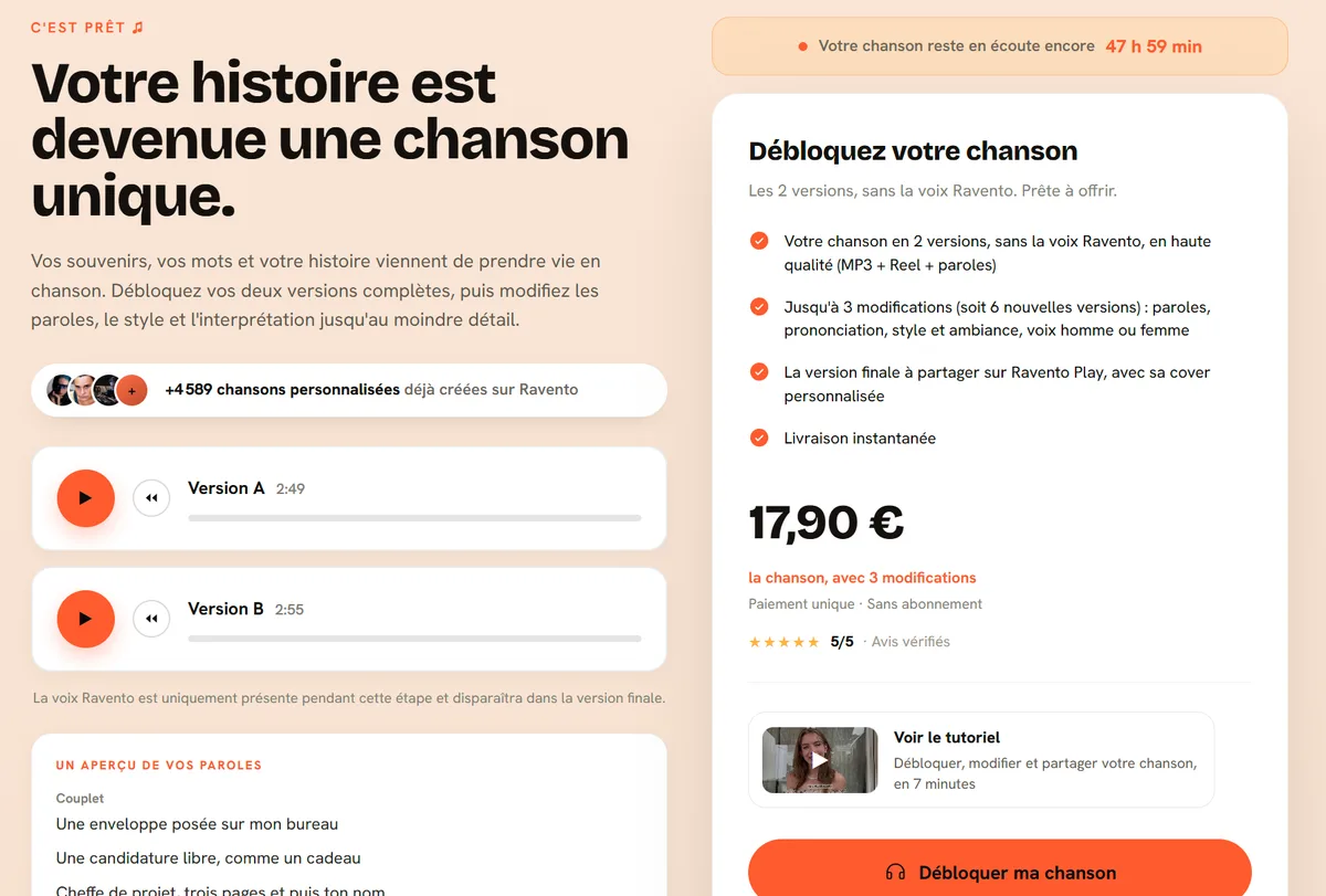 Écran de décision Ravento : les deux versions complètes à écouter, un aperçu des paroles, le prix de la chanson avec 3 modifications incluses et sans abonnement