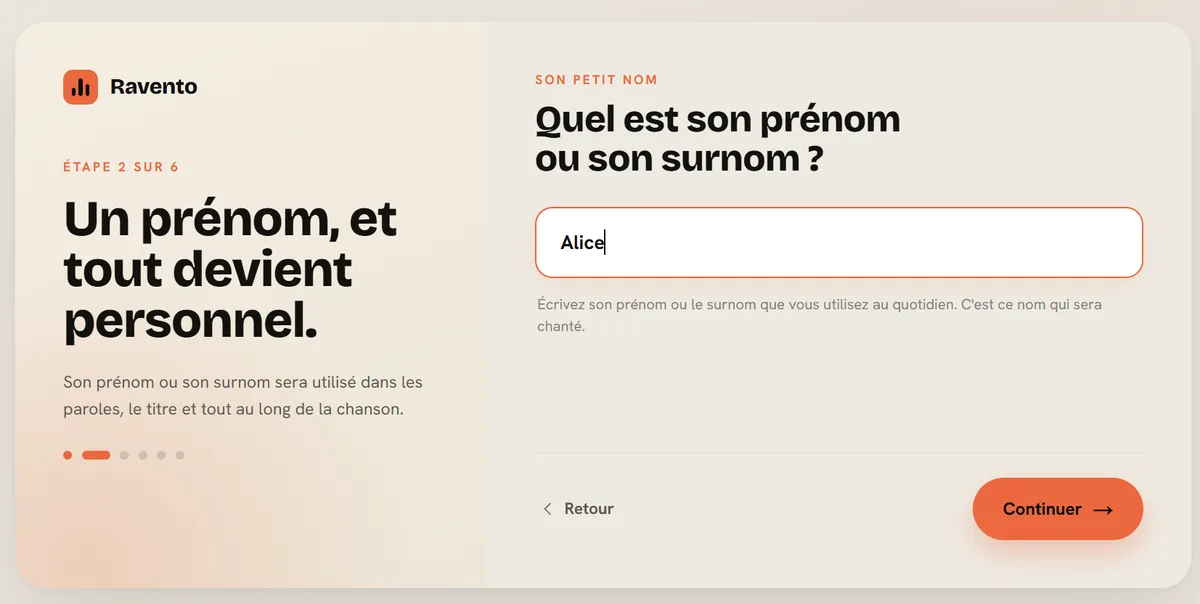 Deuxième écran : saisir le prénom ou le surnom de la personne, celui qui sera chanté dans la chanson