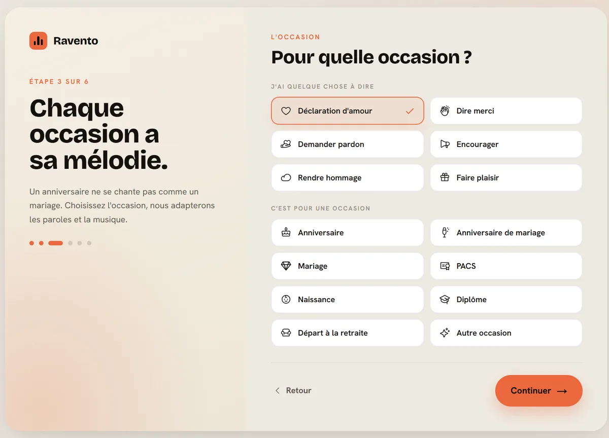 Troisième écran : choisir l'occasion, déclaration d'amour, demander pardon, rendre hommage, anniversaire, mariage, naissance ou départ à la retraite