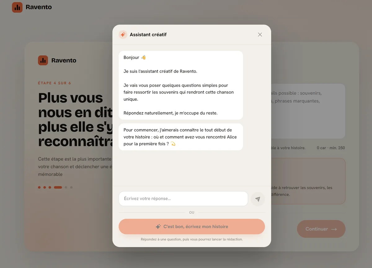 L'assistant créatif de Ravento pose des questions simples pour faire ressortir les souvenirs, avec un bouton pour lancer la rédaction