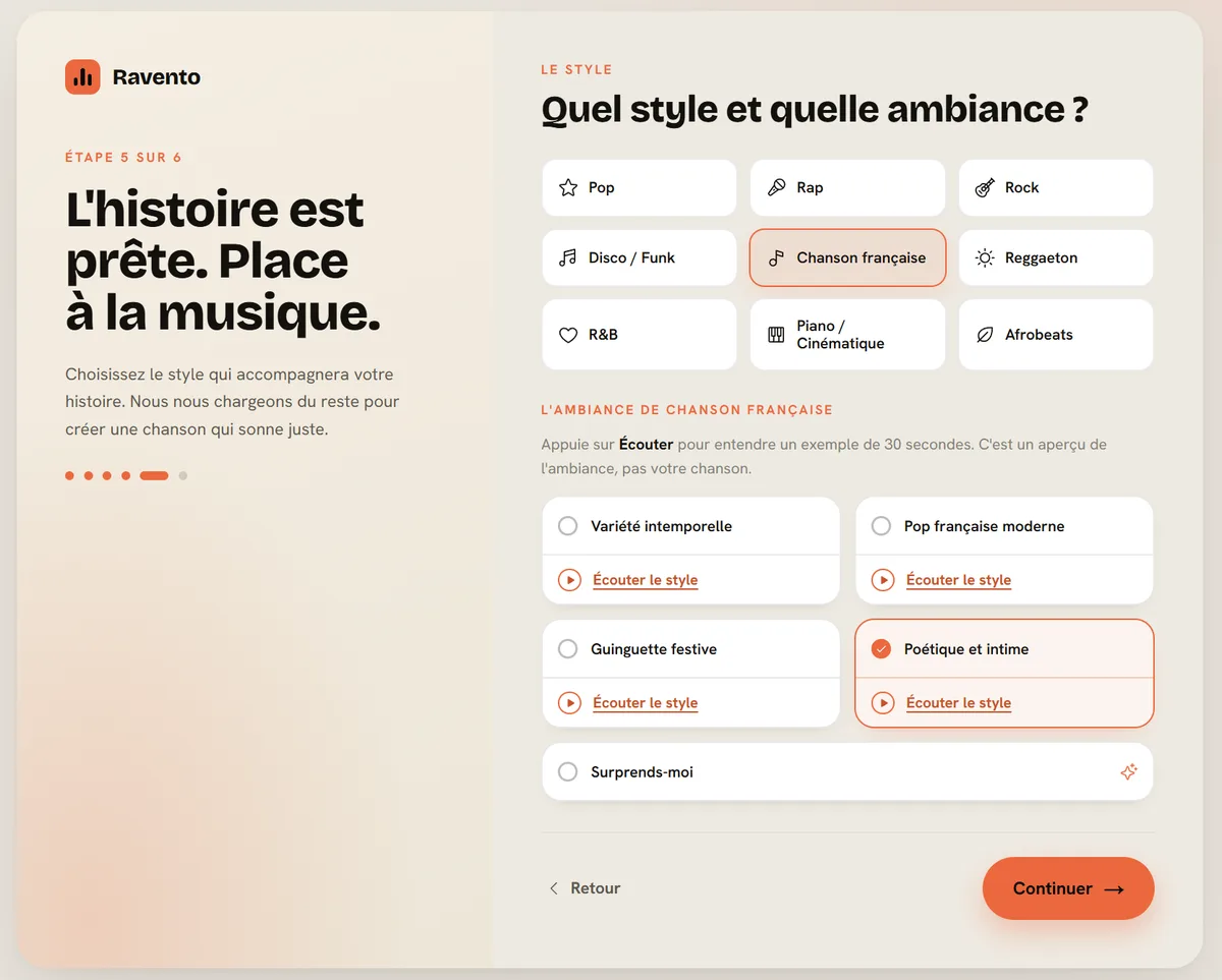 Cinquième écran : choisir le style musical et l'ambiance, avec un bouton Écouter le style pour entendre un exemple avant de choisir