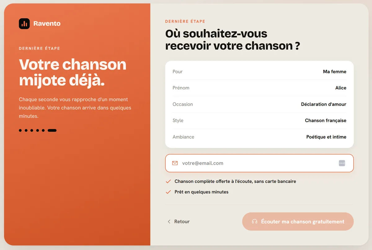 Dernier écran : récapitulatif des choix et champ email, avec la mention chanson complète offerte à l'écoute, sans carte bancaire