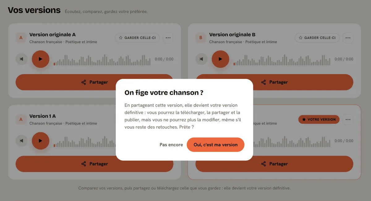 Fenêtre de confirmation avant de figer la chanson : elle prévient que la version deviendra définitive et ne pourra plus être modifiée