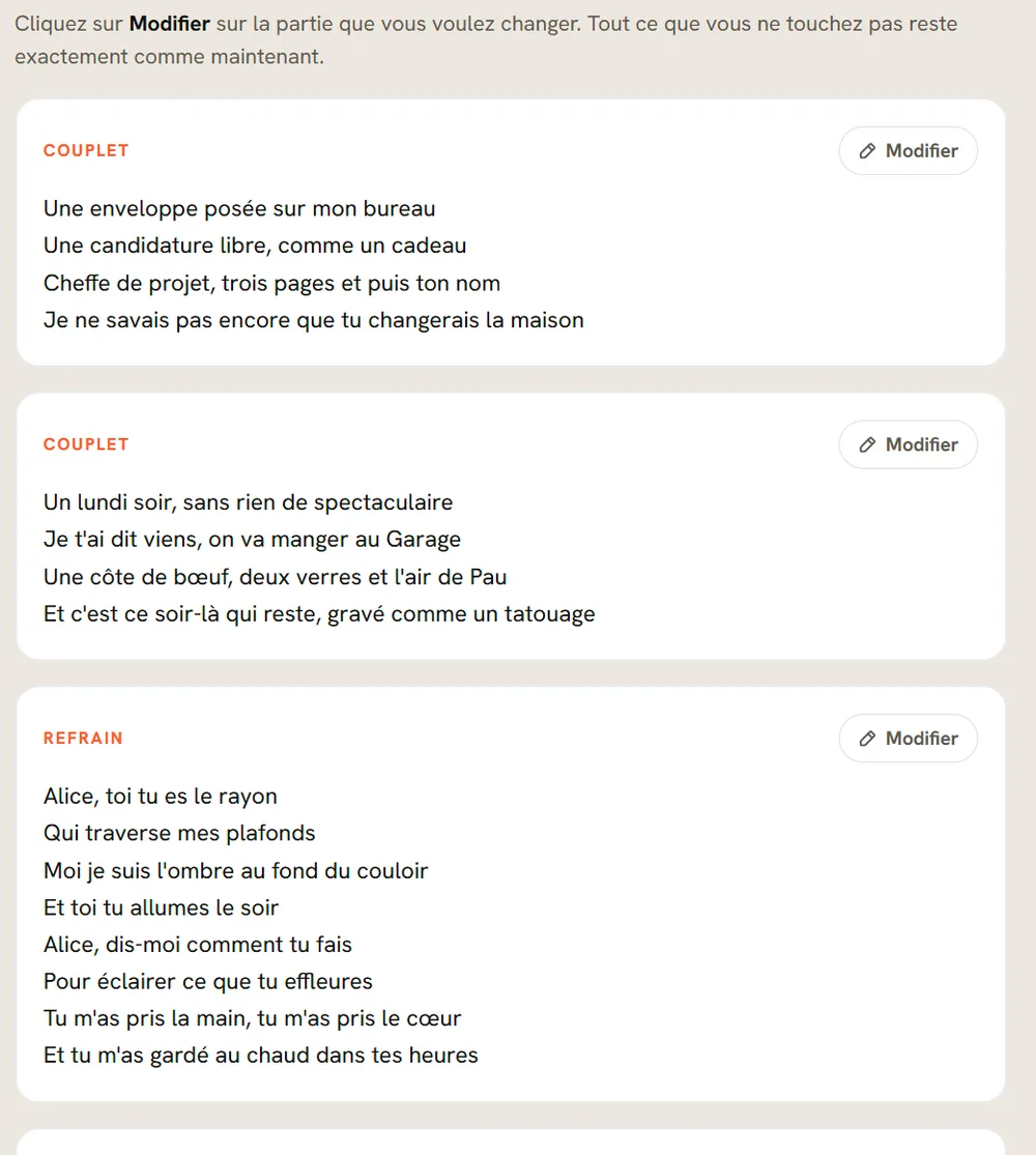 Écran de modification des paroles : la chanson découpée en couplets et refrains, chacun avec son bouton Modifier