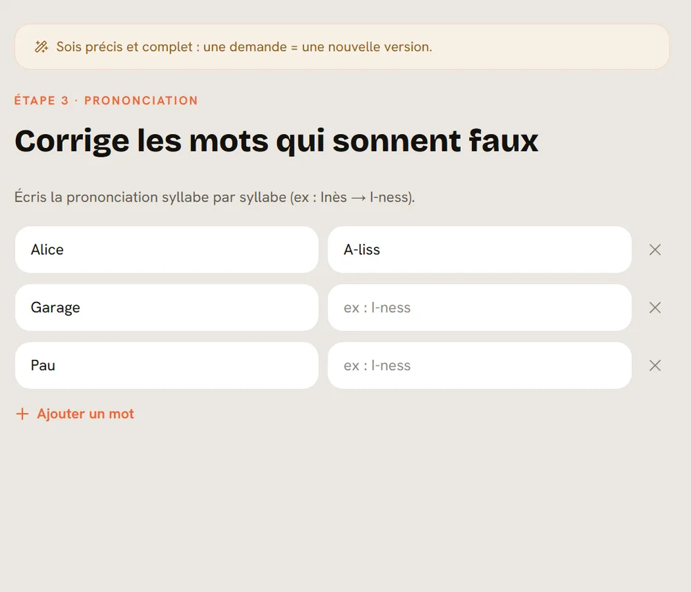 Écran de correction de la prononciation : à gauche le mot tel qu'il s'écrit, à droite la façon dont il doit s'entendre, syllabe par syllabe